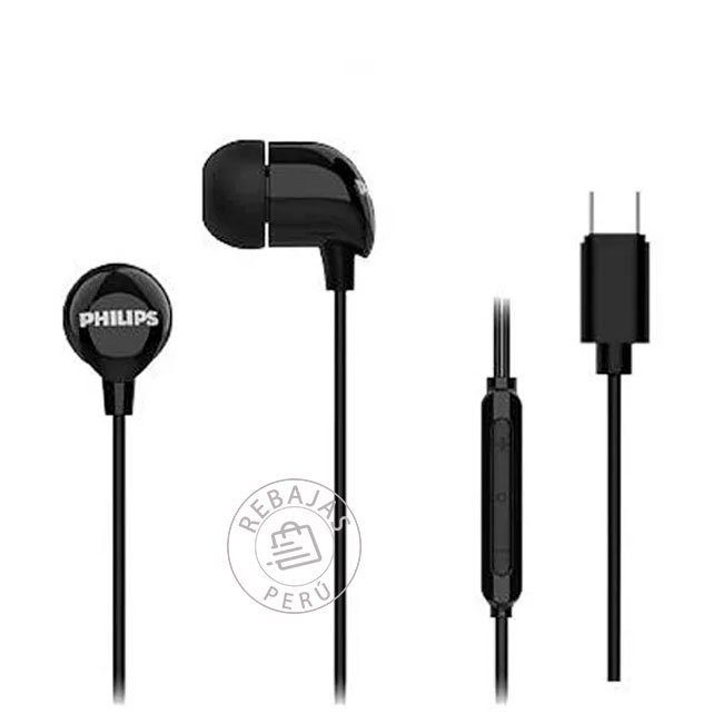 Audífono Philips In-Ear TAE2146BK con Micrófono y Conexión USB-C | Sonido Estéreo de Alta Calidad