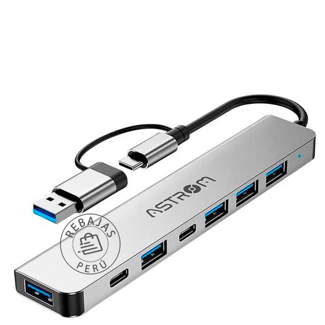 HUB USB 7 en 1 ASTROM AST MH2371 con Puertos Tipo C, USB 3.0 y USB 2.0 para Windows y Laptops