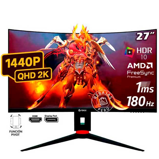 Monitor Curvo TEROS TE-2767G 27” QHD VA, 180Hz, 1ms, HDR10, FreeSync, Pivot, HDMI 2.1, DP 1.4