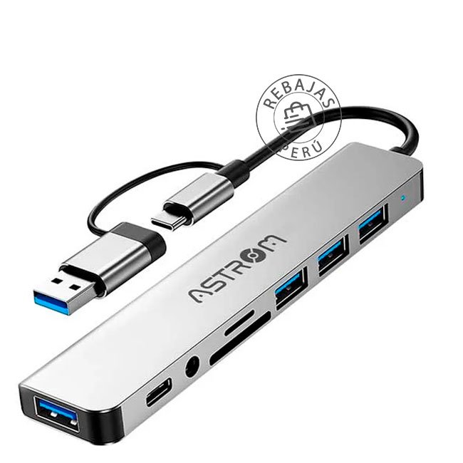 Multi-HUB USB 8 en 1 ASTROM AST MH2381 con USB-C, USB 3.0, Lectores de Tarjeta y Entrada 3.5mm para Windows