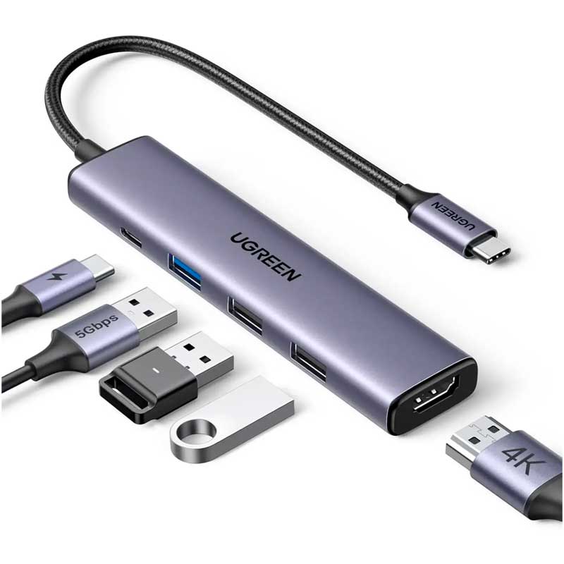 Adaptador UGREEN HUB 5 en 1 CM478 USB-C a HDMI + USB 3.0 + 2 USB 2.0 + PD