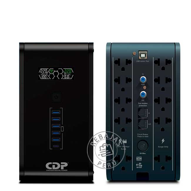 UPS CDP R-SMART 2010I 2000VA / 1200W con 10 Salidas, 5 Puertos USB-A y 1 USB-C – Respaldo y Protección Inteligente