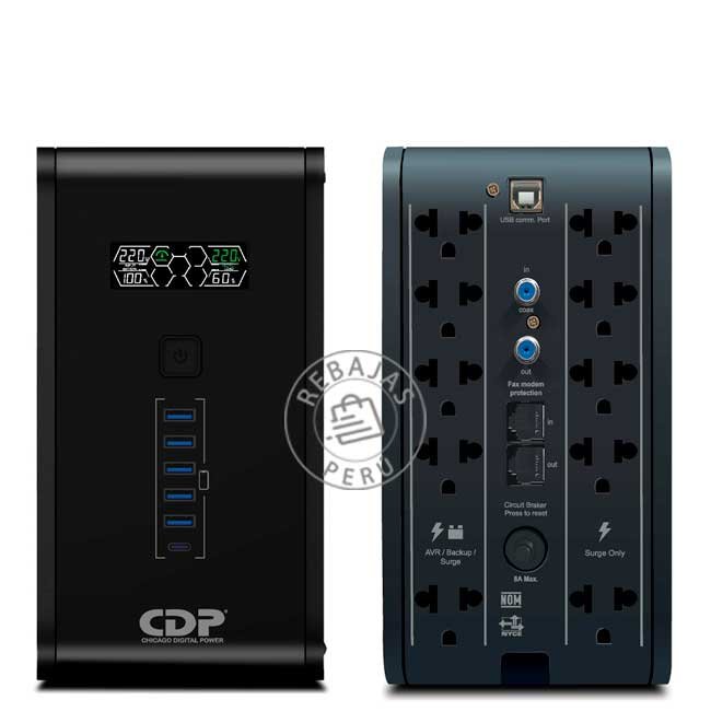 UPS Interactivo CDP R-SMART751i 750VA/375W con Pantalla LCD, 10 Salidas, USB-C, Regulador y Protección RJ45