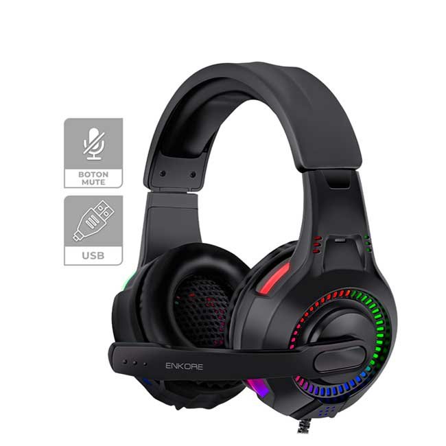 Audífono Gamer ENKORE BRAVIO EKHG1005U 5.1 USB Micrófono Plegable e Iluminación LED Rainbow