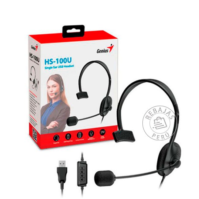Audífono con Micrófono Genius HS-100U Mono USB-A Negro Control de Volumen