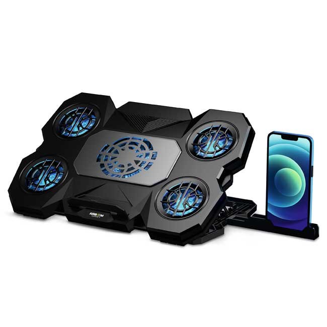 Base para Laptop AIRBOOM SUPREME5 AB034 con 5 Coolers LED Azul, Altura Ajustable y Soporte para Smartphone