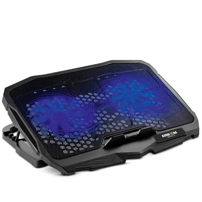 Base para Laptop AIRBOOM VORTEX2 AB007 con 2 Coolers LED Azul 12.5cm, Altura Ajustable y Puertos USB