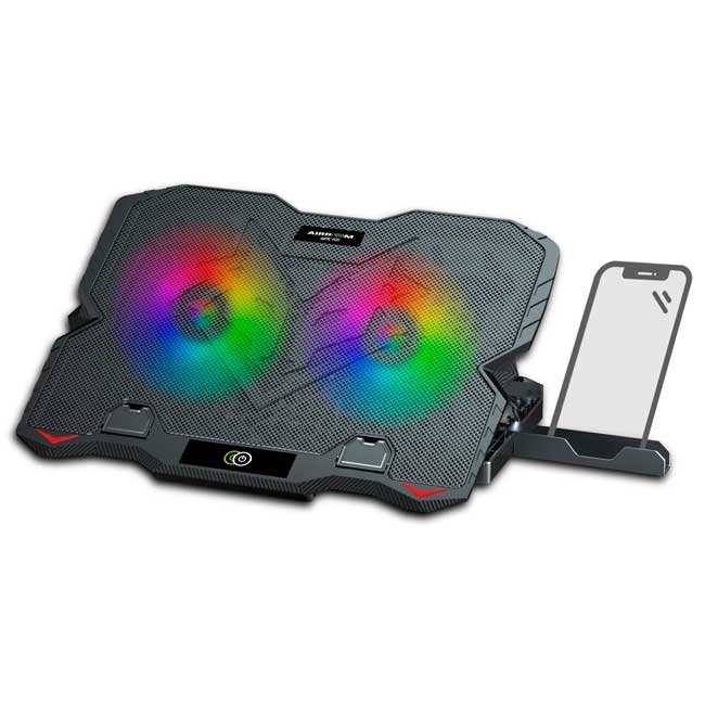 Base para Laptop ARTIC FOX AB005H con 2 Coolers Rainbow 12.5cm, Altura Ajustable y Soporte para Smartphone - AIRBOOM