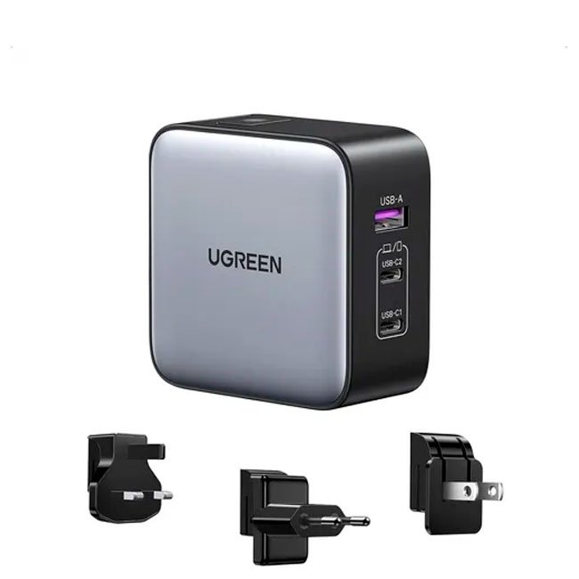 Cargador UGREEN CD296 65W – GaN, 2 USB-C + 1 USB-A, Viaje Internacional