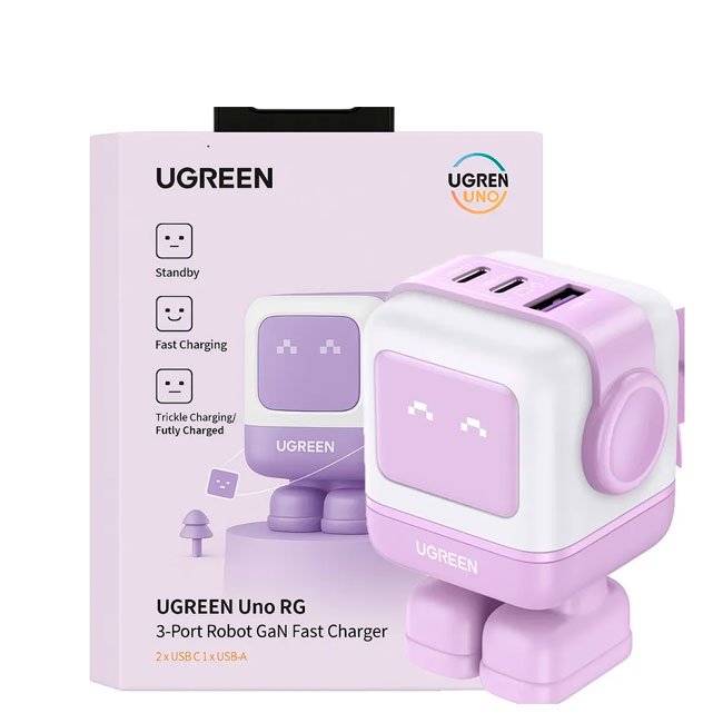 Cargador UGREEN Nexode 65W GaN –  rápido 3 puertos (2 USB-C + 1 USB-A) con pantalla LED – Color púrpura