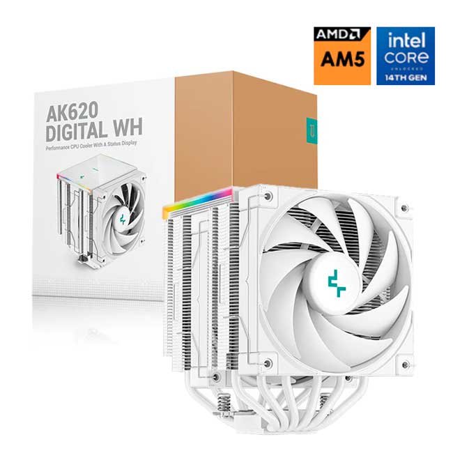 Cooler para Procesador DeepCool AK620 Digital WH ARGB con Pantalla y 6 Heatpipes 129mm Intel LGA1851/1700/1200/1151/1150/1155 AMD AM5/AM4