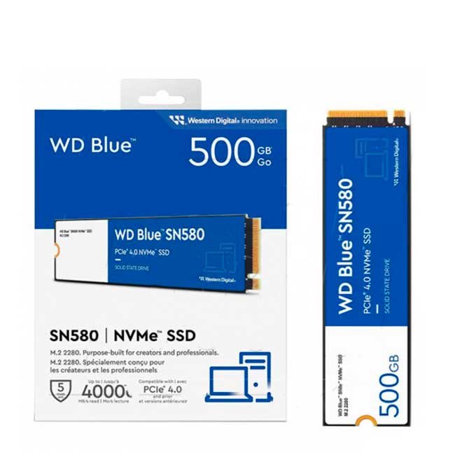 Disco SSD Western Digital Blue SN580 NVMe 500GB M.2 2280 PCIe Gen4, Lectura 4000MB/s, Escritura 3600MB/s, NAND TLC