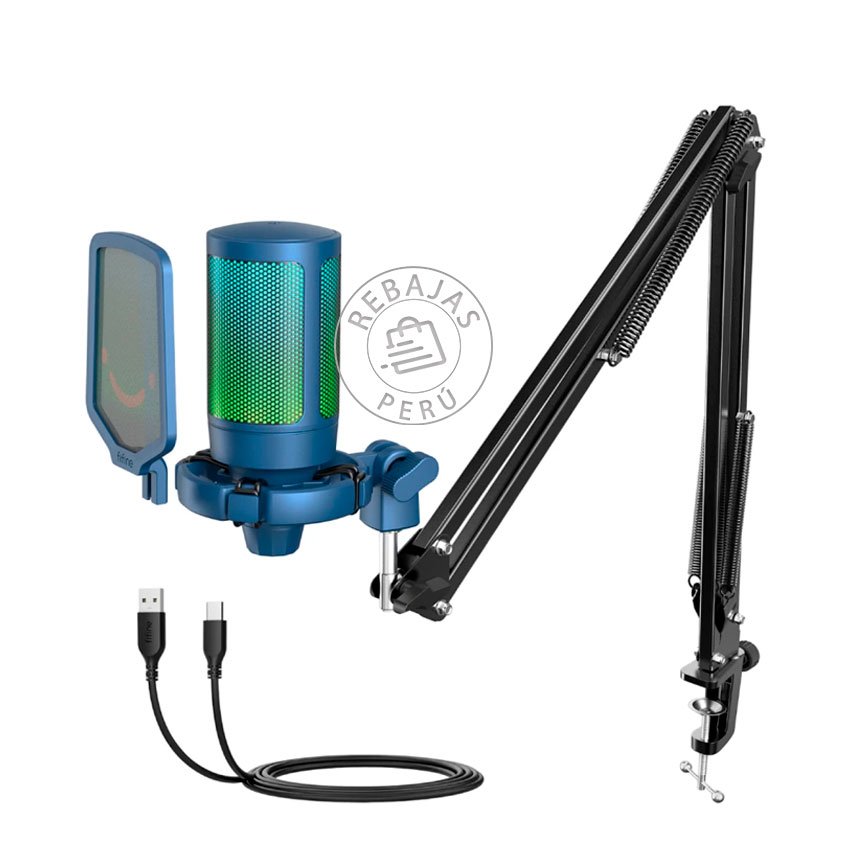 Micrófono Fifine A6T Blue Condensador USB con Brazo Articulado, RGB y Patrón Cardioide