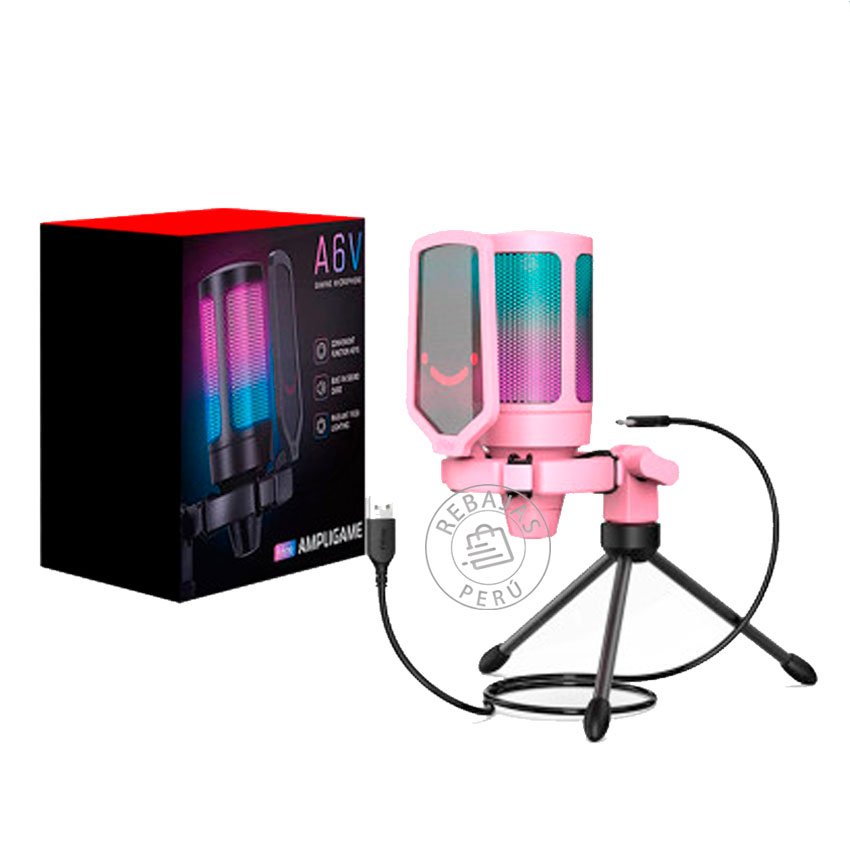 Micrófono Fifine A6V Pink Gamer Condensador USB con RGB y Soporte de Trípode