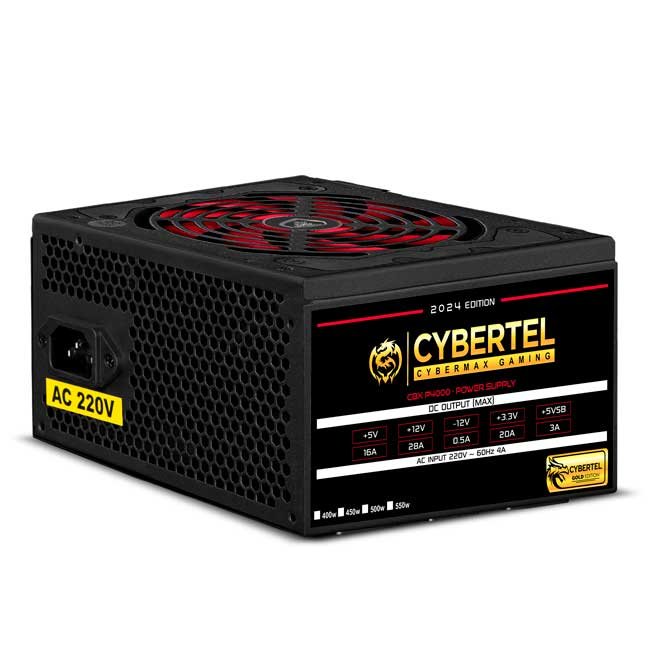 Fuente de Poder CYBERTEL CBX P4000 400W ATX PPFC con PCIe, 4 SATA, Cables Planos y Ventilador 12cm