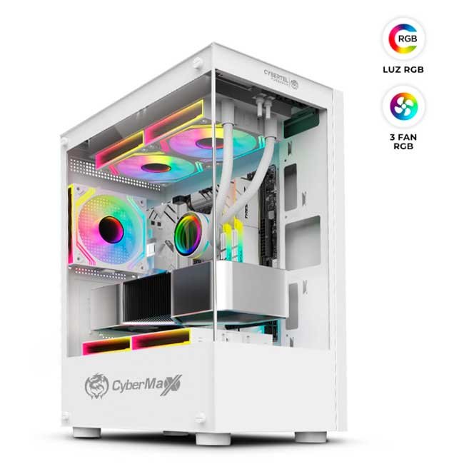 Gabinete Gamer Cybertel Poseidon CBX C5000W Blanco RGB 3 Fans Vidrio Templado ATX/MATX Sin Fuente