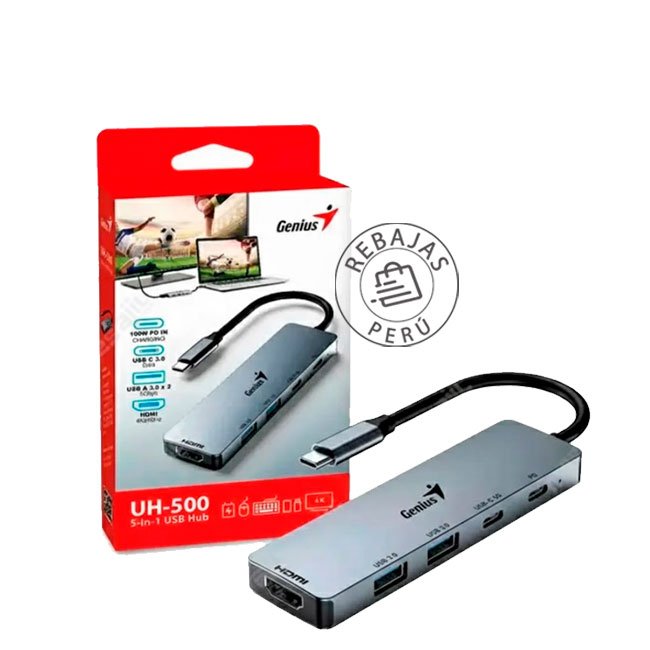 Hub USB-C Genius UH-500 HDMI 4K 60Hz PD 100W 5 Puertos USB 3.0 Gris