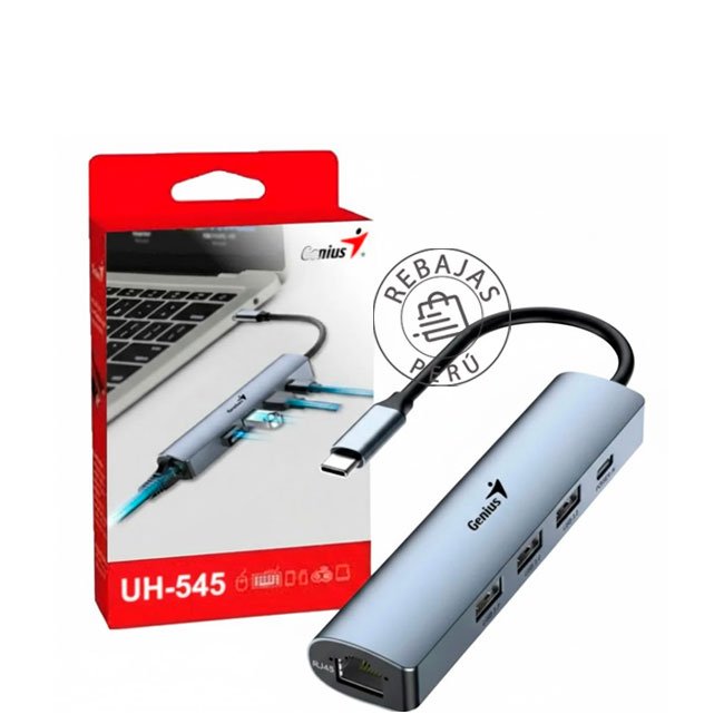 Hub USB-C Genius UH-545 con Ethernet Gigabit y 3 USB-A 3.0 Gris