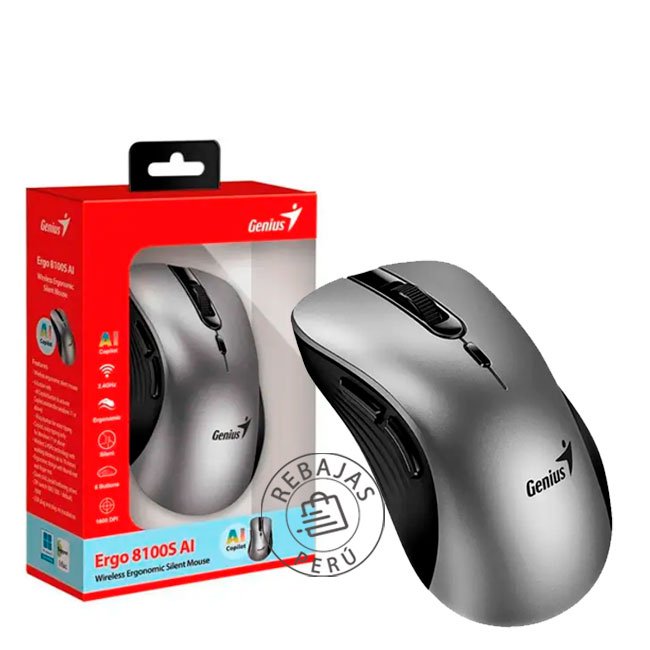 Mouse Inalámbrico Genius Ergo 8100S – 6 Botones, Sensor Óptico, Batería AA y Diseño Ergonómico