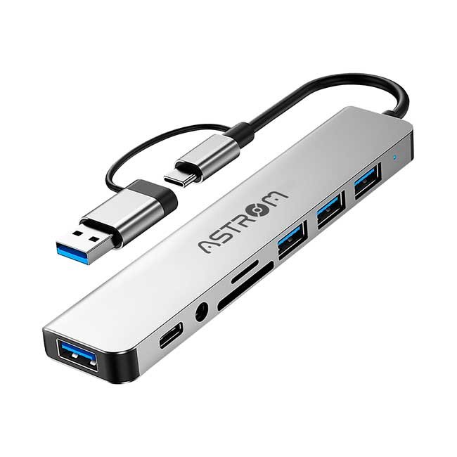 Multi-HUB USB 8 en 1 ASTROM AST MH2381 con USB-C, USB 3.0, Lectores de Tarjeta y Entrada 3.5mm para Windows