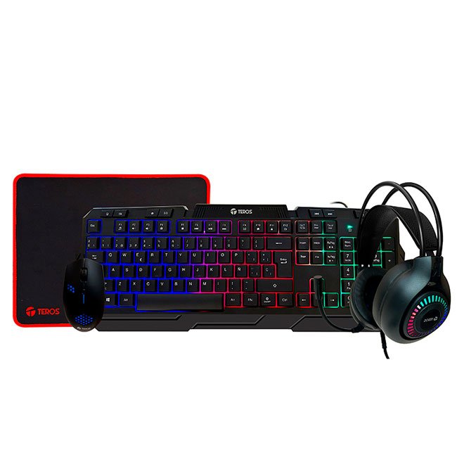 Kit Gamer TEROS TE-4063N con Teclado, Mouse, Headset y Mousepad – Español, Iluminación LED.
