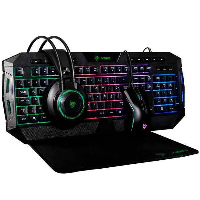 Kit Gamer VSG Crux 4 en 1 con teclado membrana, mouse 2400 DPI, audífonos estéreo y mousepad antideslizante