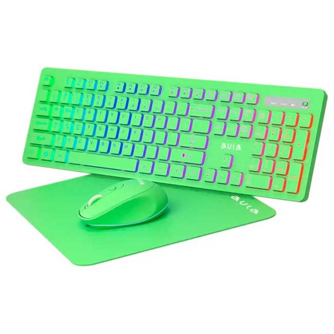 Kit Aula AC208 Green con Teclado, Mouse y Mousepad USB Ergonómico en Color Verde