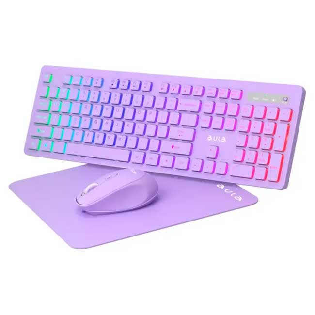 Kit Aula AC208 Purple con Teclado, Mouse y Mousepad USB Ergonómico en Color Morado