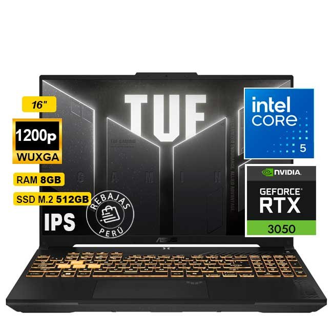 Laptop ASUS TUF Gaming F16 FX607VJ‑RL016 16″ WUXGA IPS 144 Hz, Core i5‑210H, RTX 3050 6 GB, 8 GB DDR4, 512 GB SSD, RGB, Mecha Gray