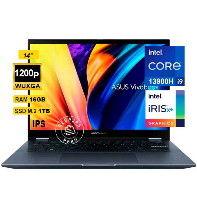 Laptop ASUS Vivobook S 14 Flip TP3402VA-LZ321W, 14” WUXGA Touch, Core i9-13900H, 16GB RAM, 1TB SSD, Windows 11, Azul Quiet Blue
