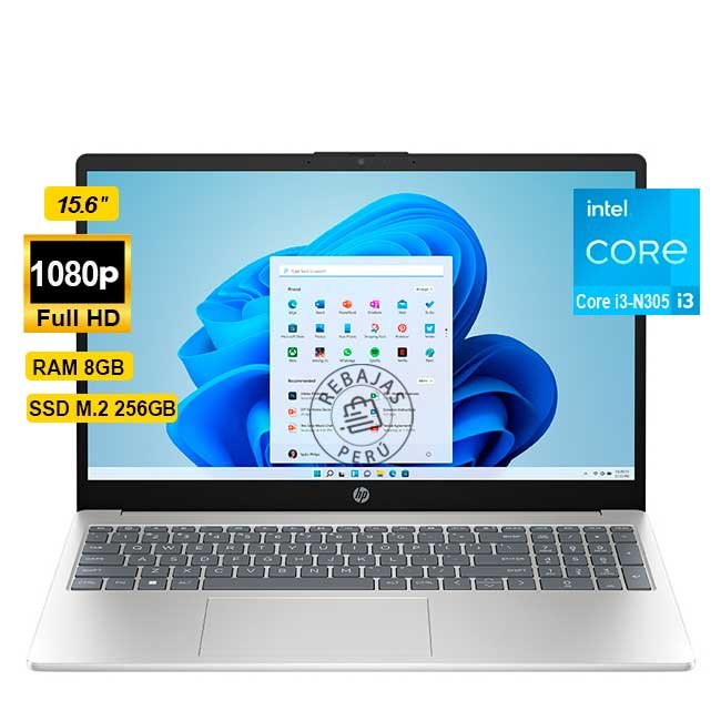 Laptop HP 15-fd0004la 15.6" FHD, Intel Core i3-N305, 8GB RAM, 256GB SSD, WiFi 6, FreeDOS, Plateado Natural
