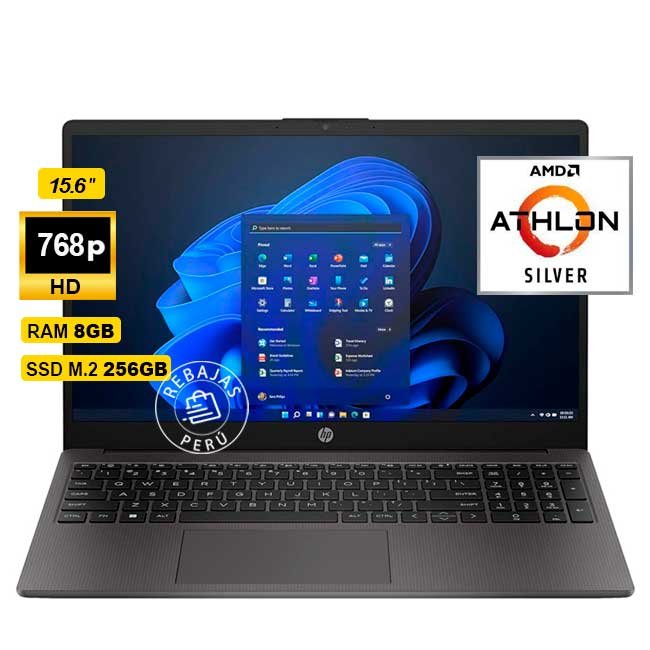 Laptop HP 255 G10 15.6” HD, AMD Athlon Silver, 8GB RAM, 256GB SSD, Wi-Fi 6, FreeDOS, Liviana y Eficiente