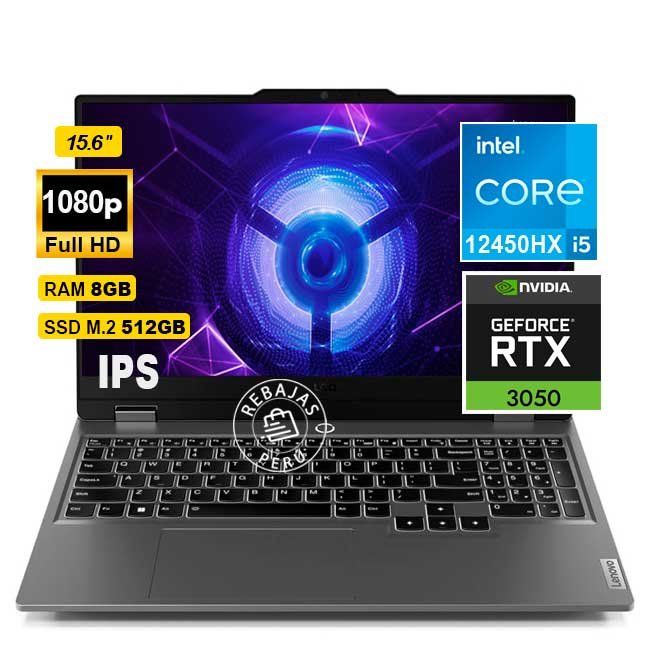 Laptop Lenovo LOQ 15IAX9 15.6" FHD IPS, Core i5-12450HX, RTX 3050 6GB, 8GB DDR5, 512GB SSD, Sin Sistema Operativo