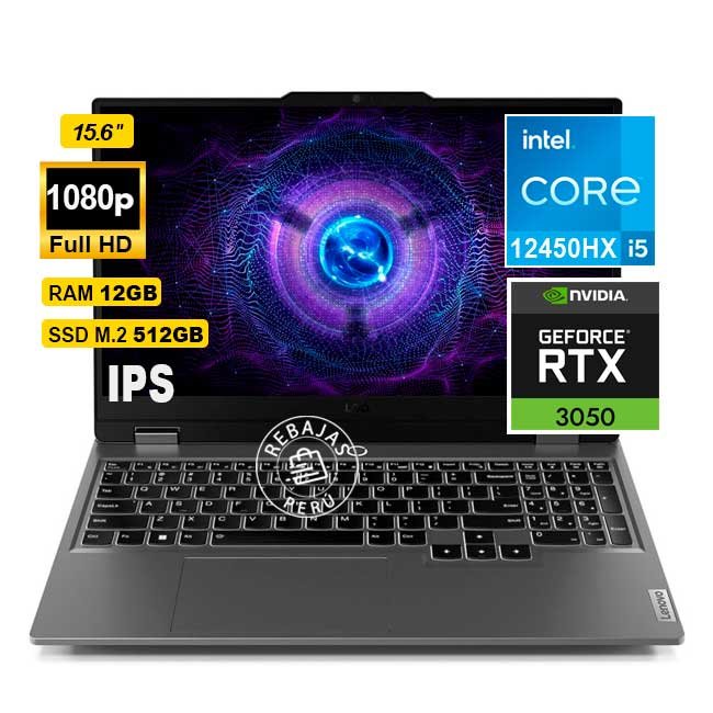 Laptop Lenovo LOQ 15IAX9 15.6" FHD, Core i5-12450HX, 12GB DDR5, 512GB SSD, RTX 3050 6GB, Sin Sistema Operativo