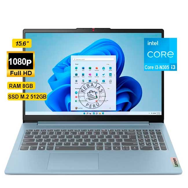 Laptop Lenovo IdeaPad Slim 3 15IAN8 15.6″ FHD, Core i3‑N305, 8 GB LPDDR5, 512 GB NVMe, Wi‑Fi 6, Frost Blue