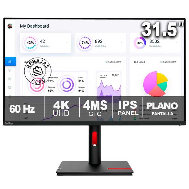 Monitor Lenovo T32p-30 63D2ZAR1LA 31.5” IPS 4K UHD 60Hz USB-C HDMI RJ45 Antirreflejo Negro