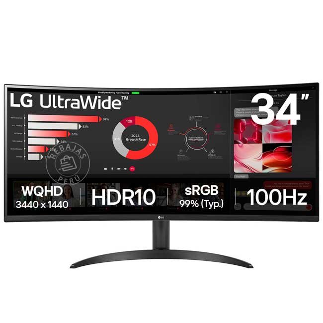 Monitor LG 34WQ75C-B 34" UltraWide QHD IPS Curvo, HDR10, USB-C 90W, Altavoces MaxxAudio, LAN RJ45