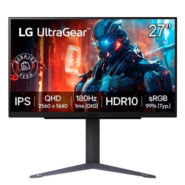 Monitor Gamer LG UltraGear 27GS75Q-B – 27” QHD IPS, 1ms, 180Hz, G-SYNC/FreeSync, HDR10, Ajuste Ergonómico