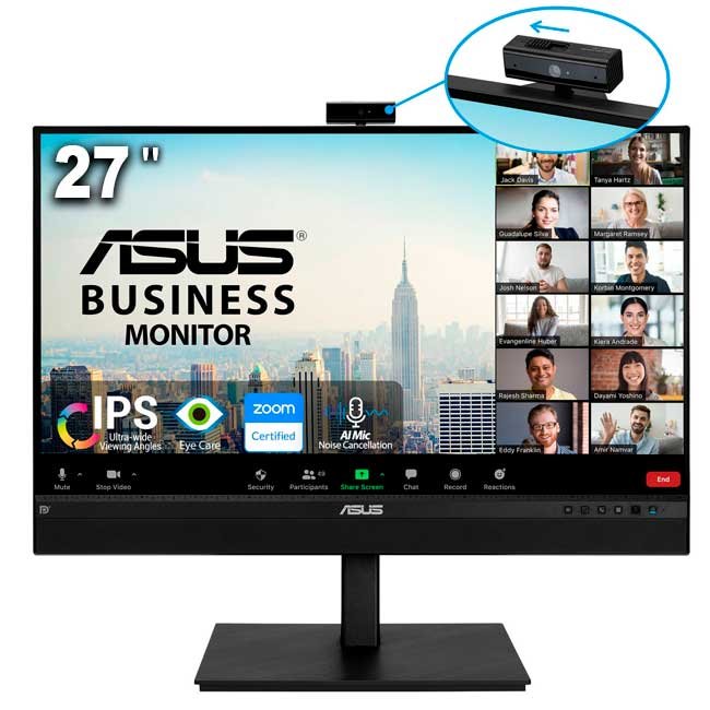 Monitor ASUS BE279QSK de 27" Full HD con cámara web 2MP, altavoces estéreo y diseño ergonómico para videoconferencias