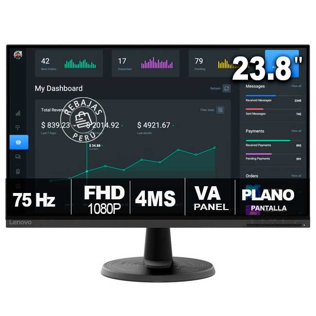 Monitor Lenovo C24-40 23.8” VA FHD, 75Hz, HDMI/VGA, Antirreflejo, 3000:1, Eye Comfort, Negro, Montaje VESA