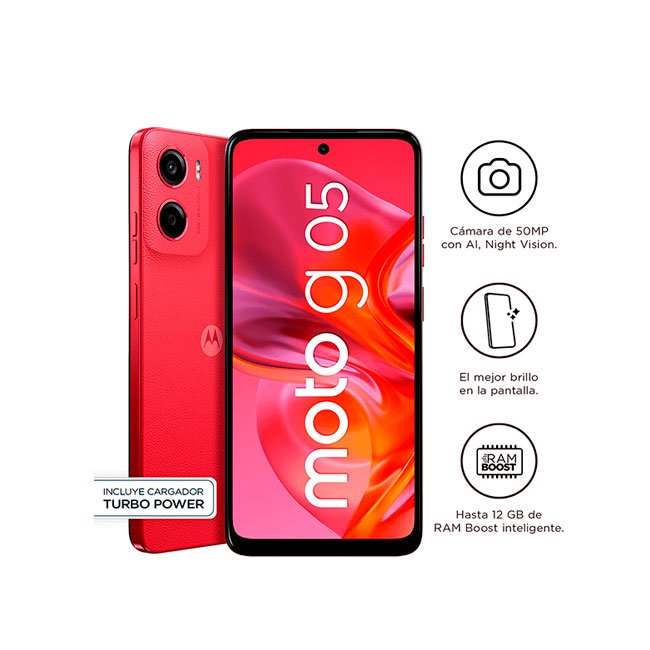 Celular Moto G05 XT2523-2 | Smartphone 4GB RAM, 64GB, 5000 mAh, Android 14 Go, 6.6"-Rojo