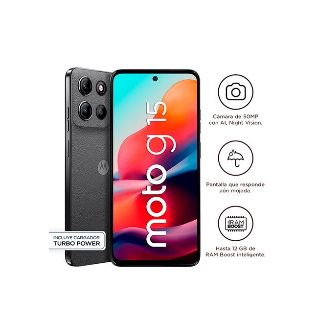 Smartphone Motorola Moto G15 256GB 4GB RAM Helio G81 Android 15 Pantalla 6.72" Cámara 50MP- Gris