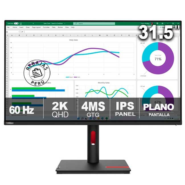 Monitor Lenovo ThinkVision T32h-30 63D3GAR1LA 31.5" WLED IPS QHD 2560x1440, USB-C, HDMI, DisplayPort, Ethernet, 60Hz, Negro