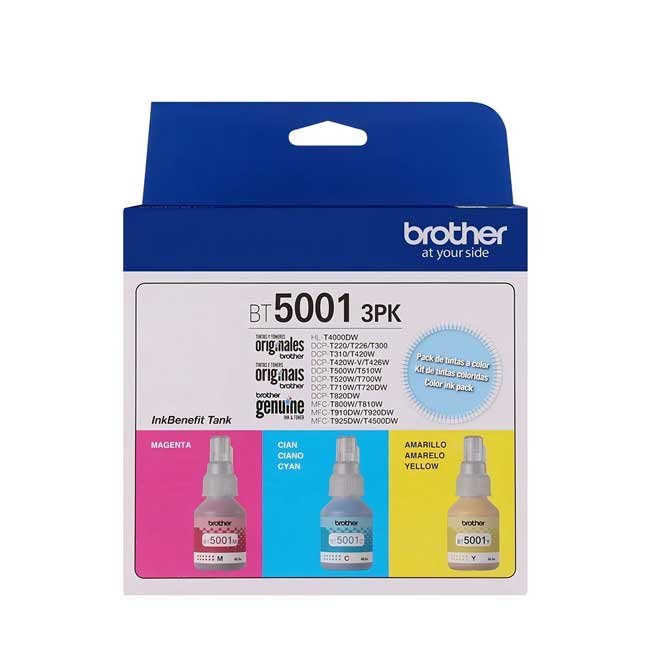 Pack 3 tintas Brother BT50013PK Color – 3×48,8 ml, 5 000 páginas/color, compatibilidad DCP‑T/ MFC‑T, alta capacidad
