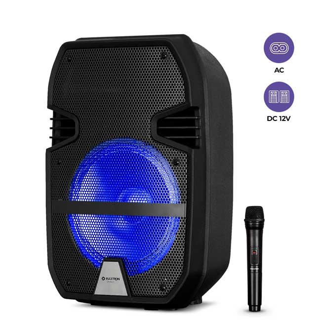 Parlante Bluetooth Portátil MAXTRON Libidum 8" MX321VB con Micrófono VHF, LED, USB/mSD y Batería 12V 2600mAh