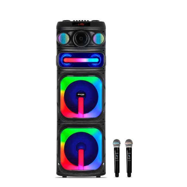 Parlante MAXTRON Melody 12" MX1212LA Tower Speaker TWS RGB BT Micrófonos FM USB 12V/7Ah