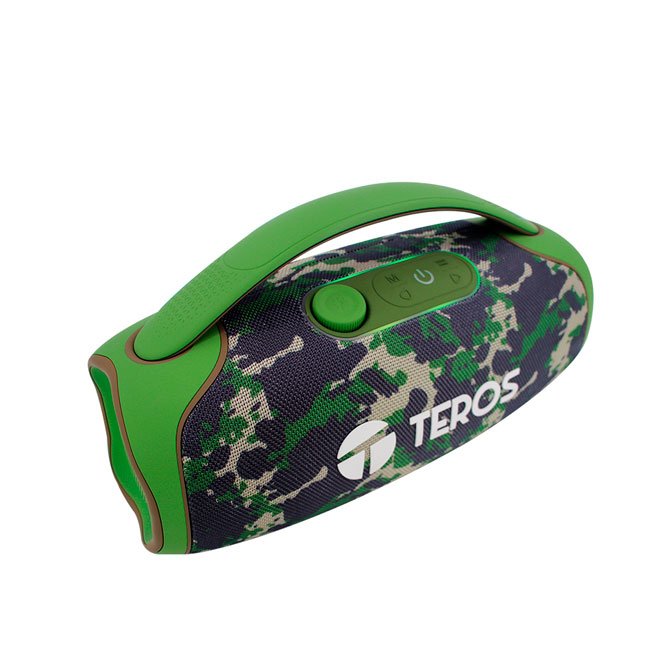 Parlante Bluetooth TEROS TE-6045G 60W verde militar camufladocon Luz LED, IPX5, Radio FM