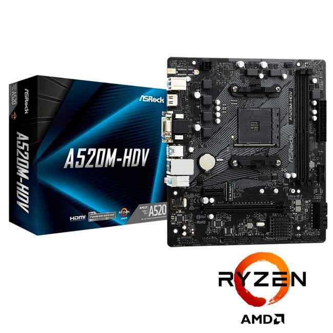 Placa Madre ASRock A520M-HDV mATX con Chipset AMD A520, Socket AM4, Soporte Ryzen Serie 3000-5000, DDR4 64GB