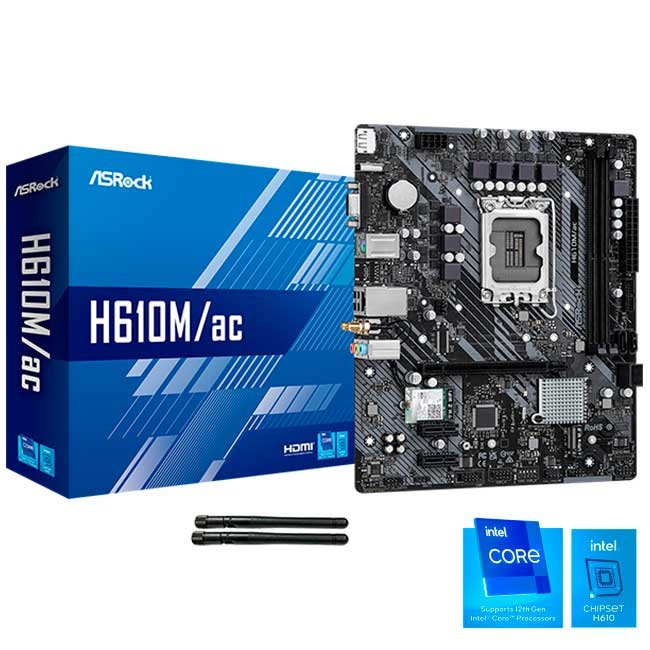 Placa Madre ASRock H610M/ac LGA1700 DDR4 WiFi Micro-ATX con Intel H610, M.2, SATA 6Gb/s, Audio 7.1, Ethernet 1Gbps
