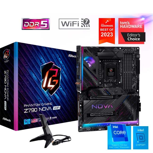 Placa Madre ASRock Z790 Nova WiFi ATX, LGA 1700, DDR5, HDMI/DP, 6x M.2, Wi-Fi 7, BT 5.4, 2.5GbE – Chipset Intel Z790